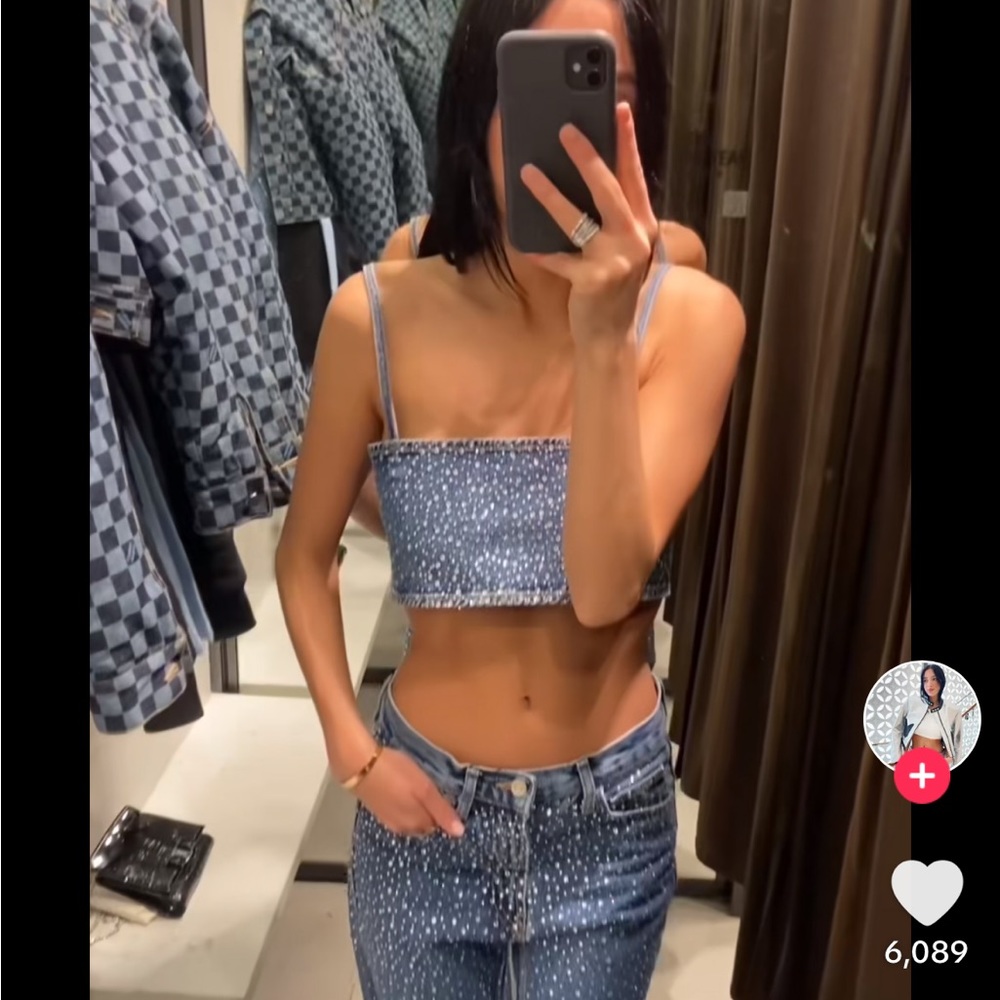 ZARA Rhinestone denim top 💙
